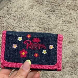 Pink-Trim Denim Floral Wallet with Embroidered Logo